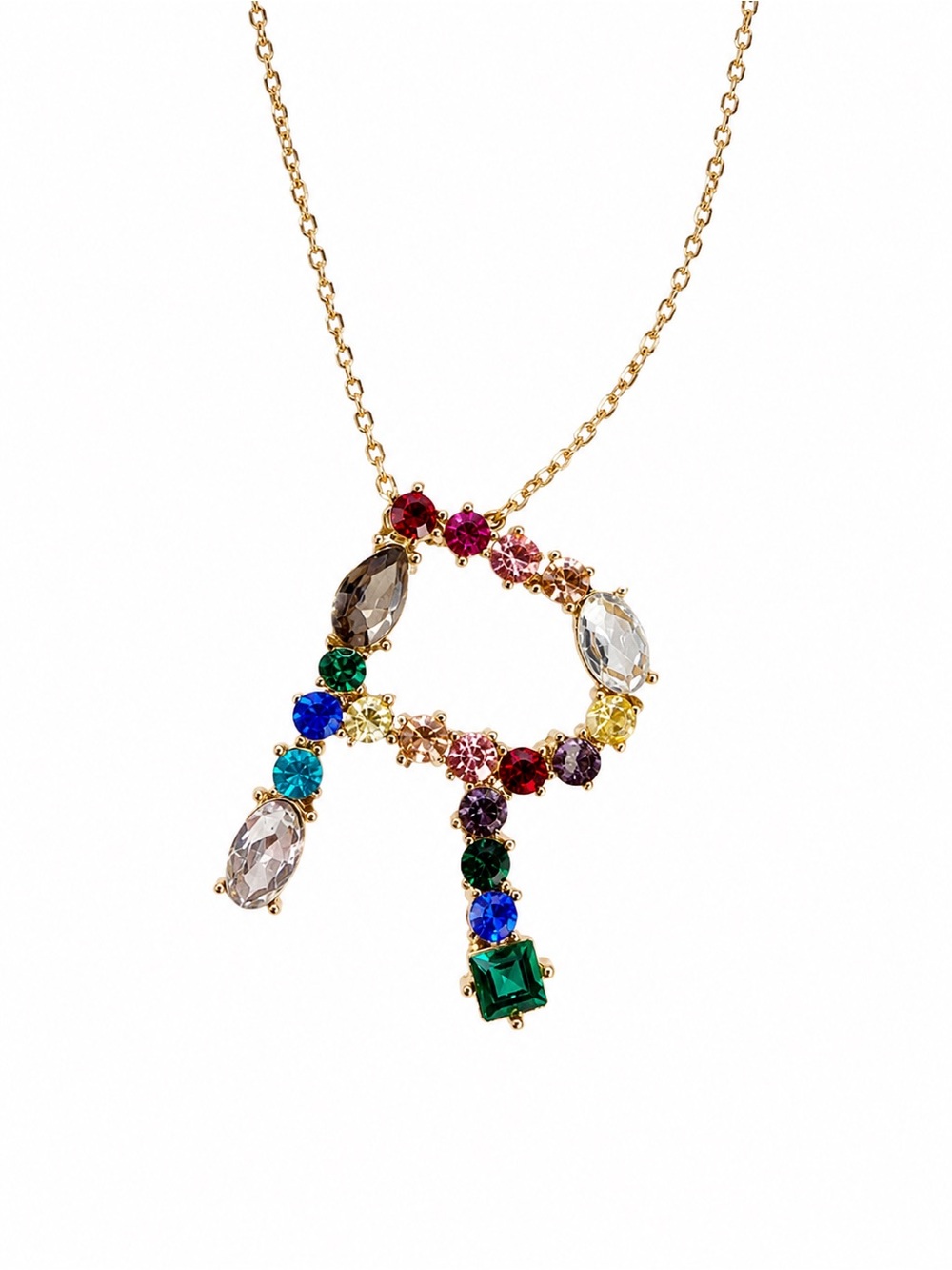 Gold Initial 'R' Pendant Necklace with Multicolor Gemstones| adjustable chain